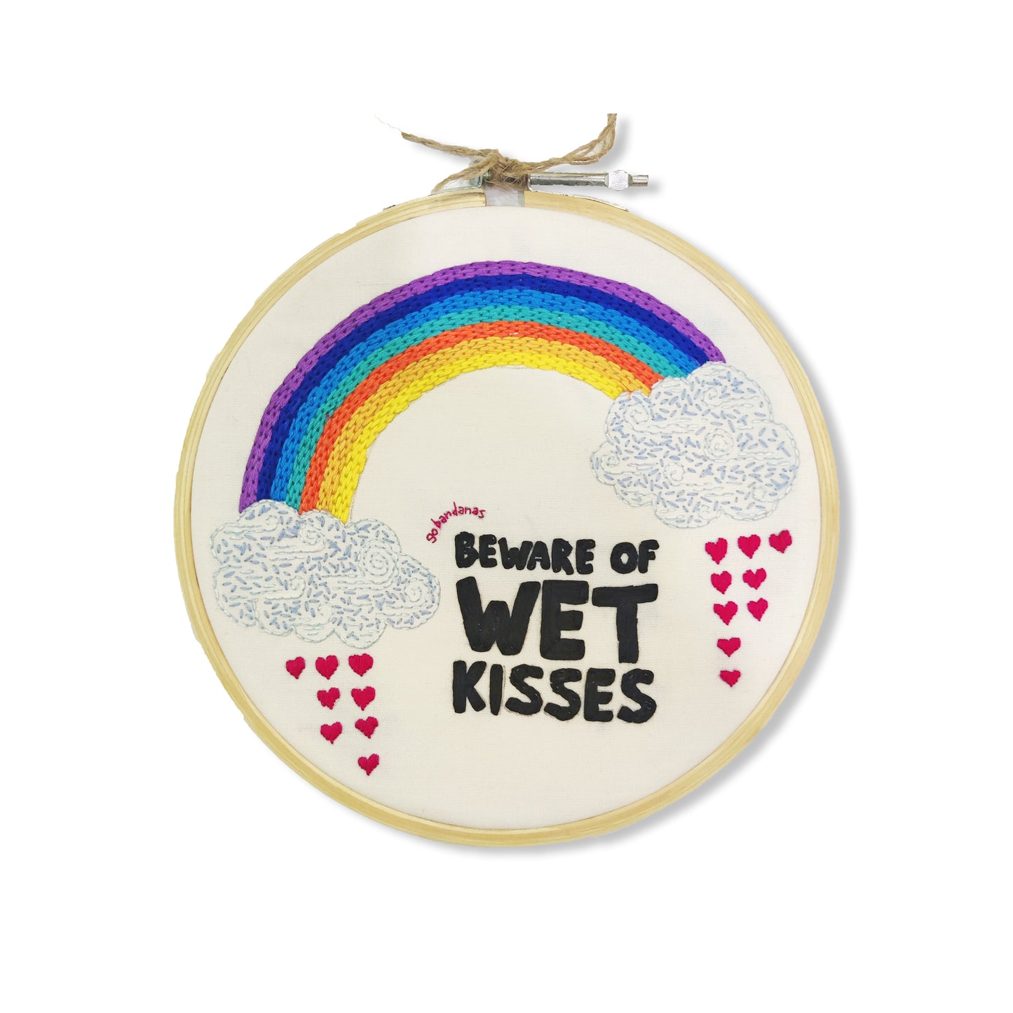 Go Bandanas Cute Rainbow Theme Beware of Wet Kisses Home Decoration Ornament Wall Hoop Hanging Handmade Embroidery Ring Frame for Pet Dog Cat Parents (10")