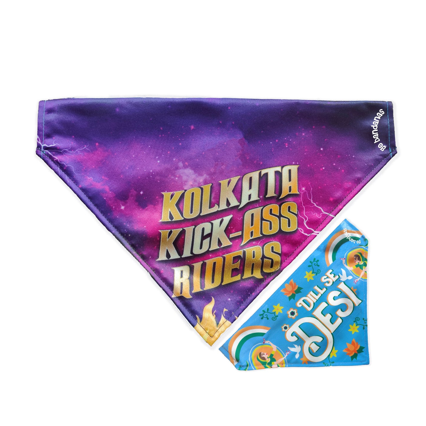 Go Bandanas Reversible Indian Pet League (IPL) Kolkata Kick-Ass Riders (Purple) & Dill Se Desi (Multi Colour) Bandana for Pet Dogs & Cats