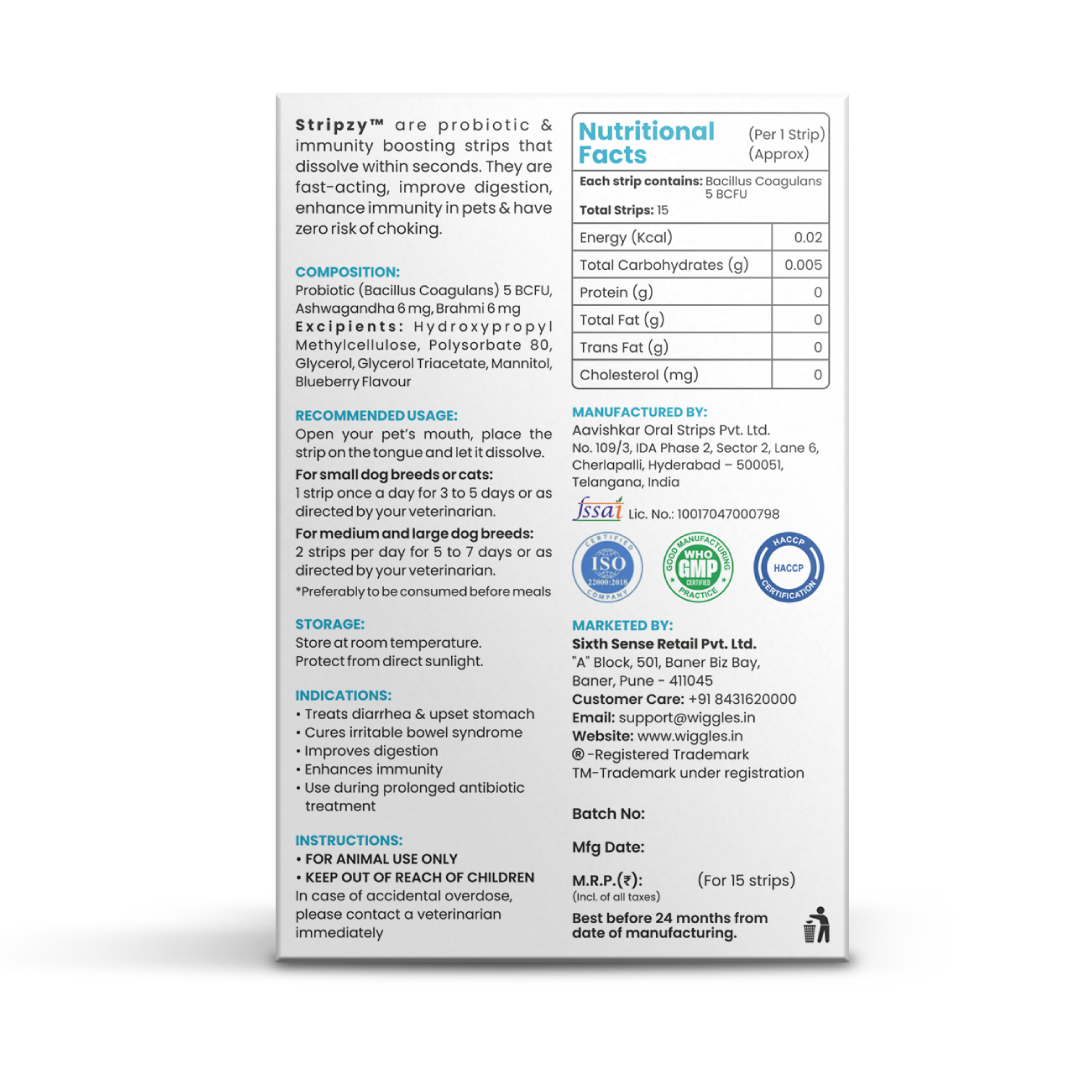 Stripzy Immunity Booster Probiotics Dogs Cats Pet, Ashwagandha Brahmi Health Strips (Blue Berry)