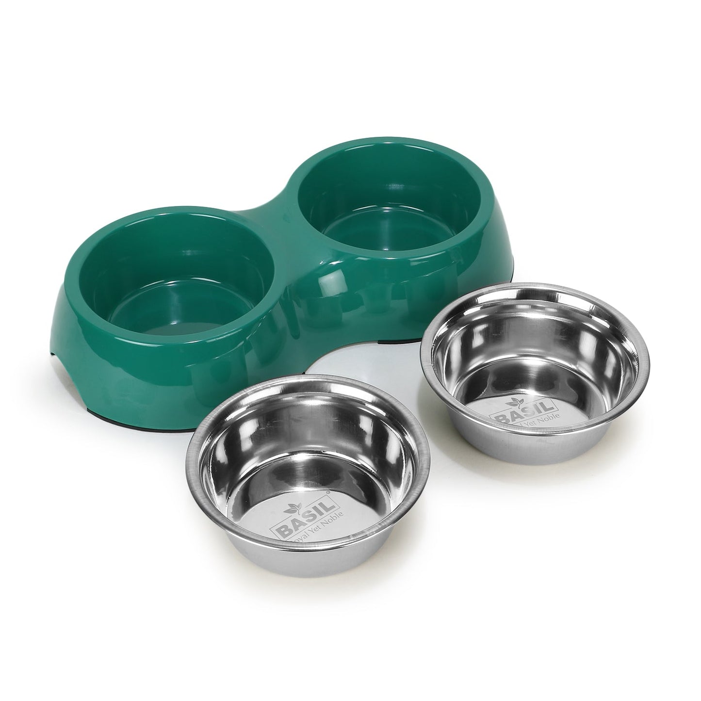 BASIL Melamine Double Dinner Set Pet Feeding Bowls for food and water (Green)