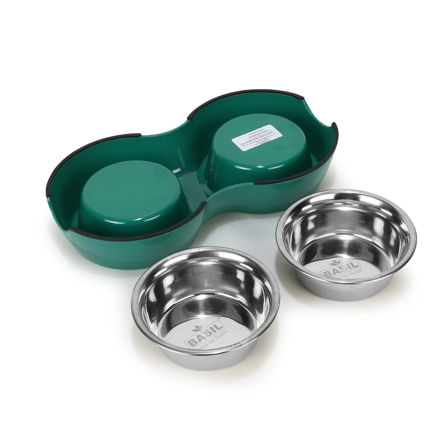 BASIL Melamine Double Dinner Set Pet Feeding Bowls for food and water (Green)