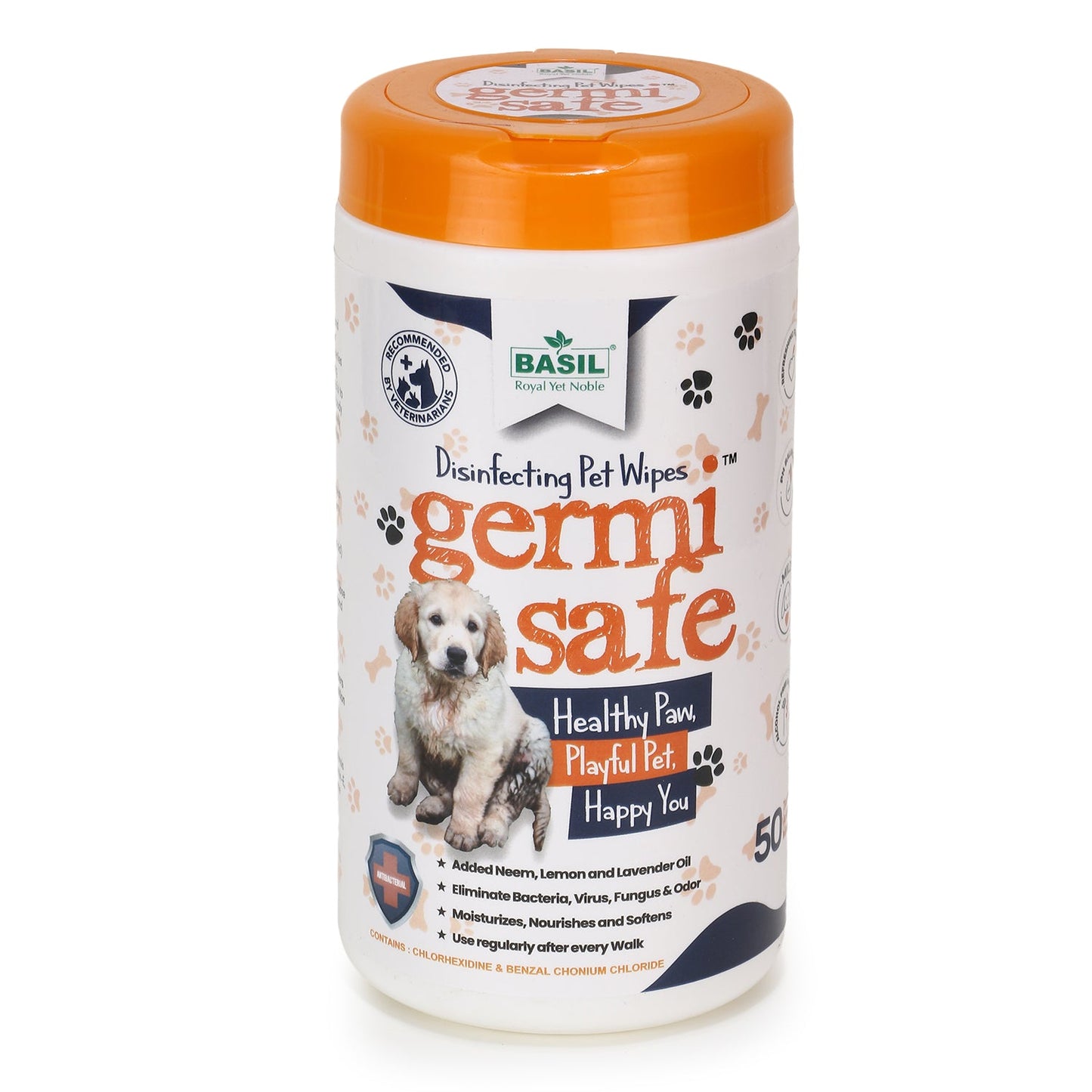 BASIL Germisafe Pet Wipes for Dogs & Cats, 50 Wipes with Added Neem, Lemon and Lavender Oil