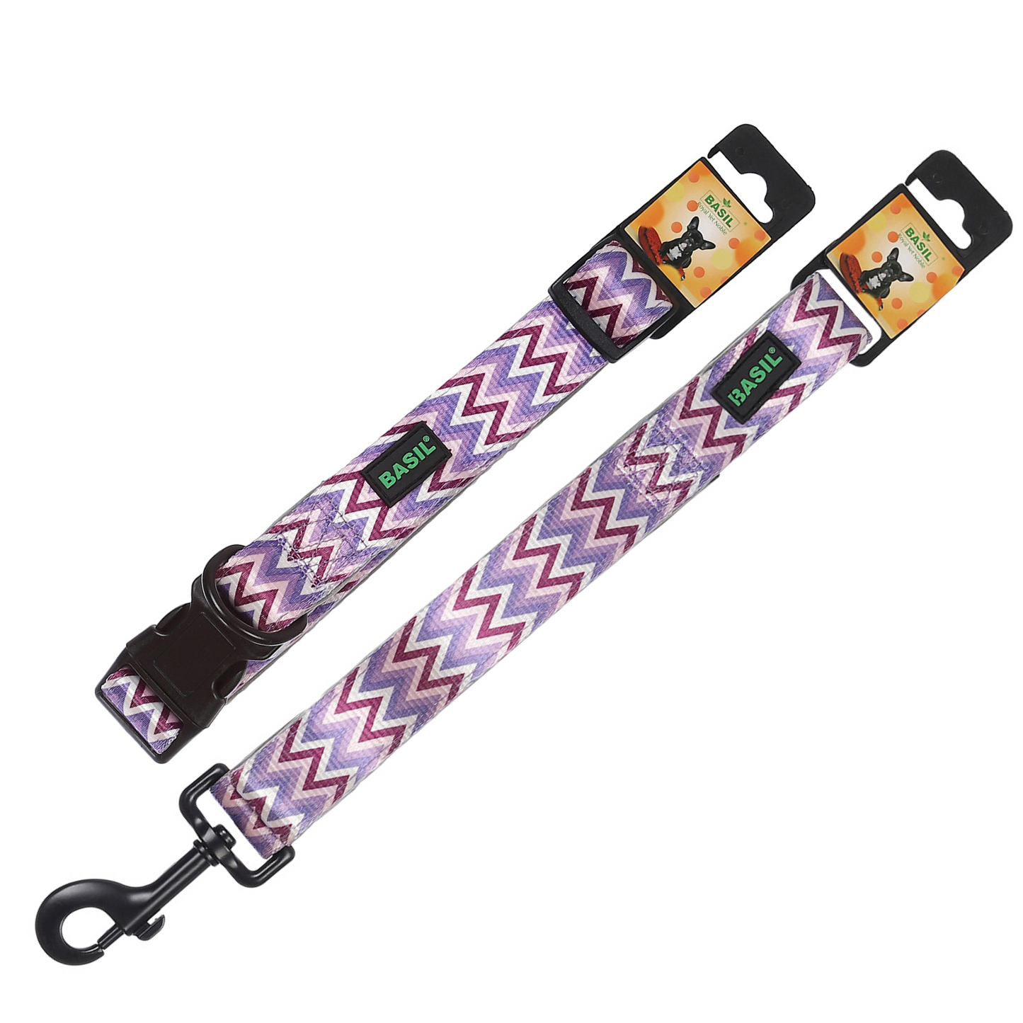 BASIL Zig Zag Adjustable Collar & Leash, 4 Feet (Purple)