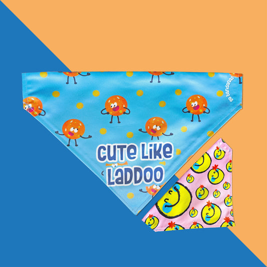 Go Bandanas Reversible Cute Like Laddoo (Blue) & Contagious Smile (Pink) Adjustable Bandana for Pet Dogs & Cats