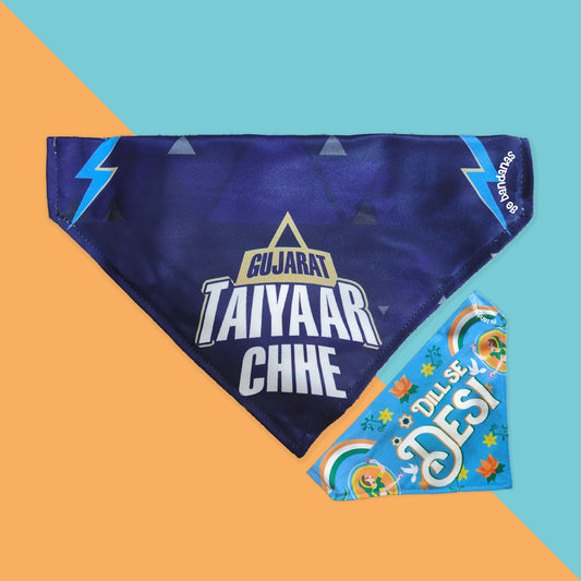 Go Bandanas Reversible Indian Pet League (IPL) Gujarat Taiyaar Chhe (Blue) & Dill Se Desi (Multi Colour) Bandana for Pet Dogs & Cats