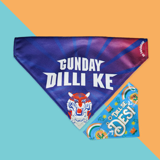 Go Bandanas Reversible Indian Pet League (IPL) Delhi Ke Gunday (Red) & Dill Se Desi (Multi Colour) Bandana for Pet Dogs & Cats