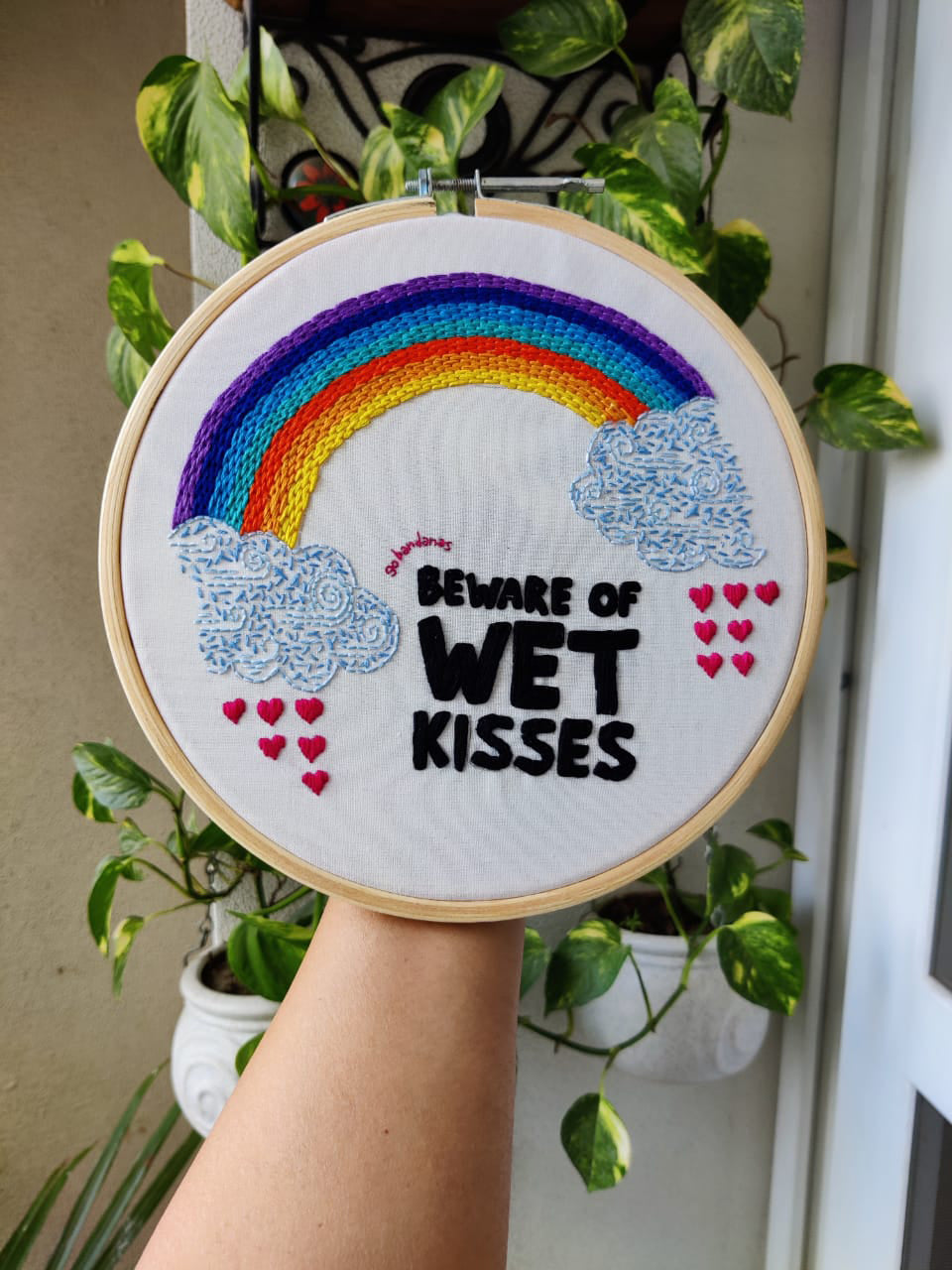 Go Bandanas Cute Rainbow Theme Beware of Wet Kisses Home Decoration Ornament Wall Hoop Hanging Handmade Embroidery Ring Frame for Pet Dog Cat Parents (10")