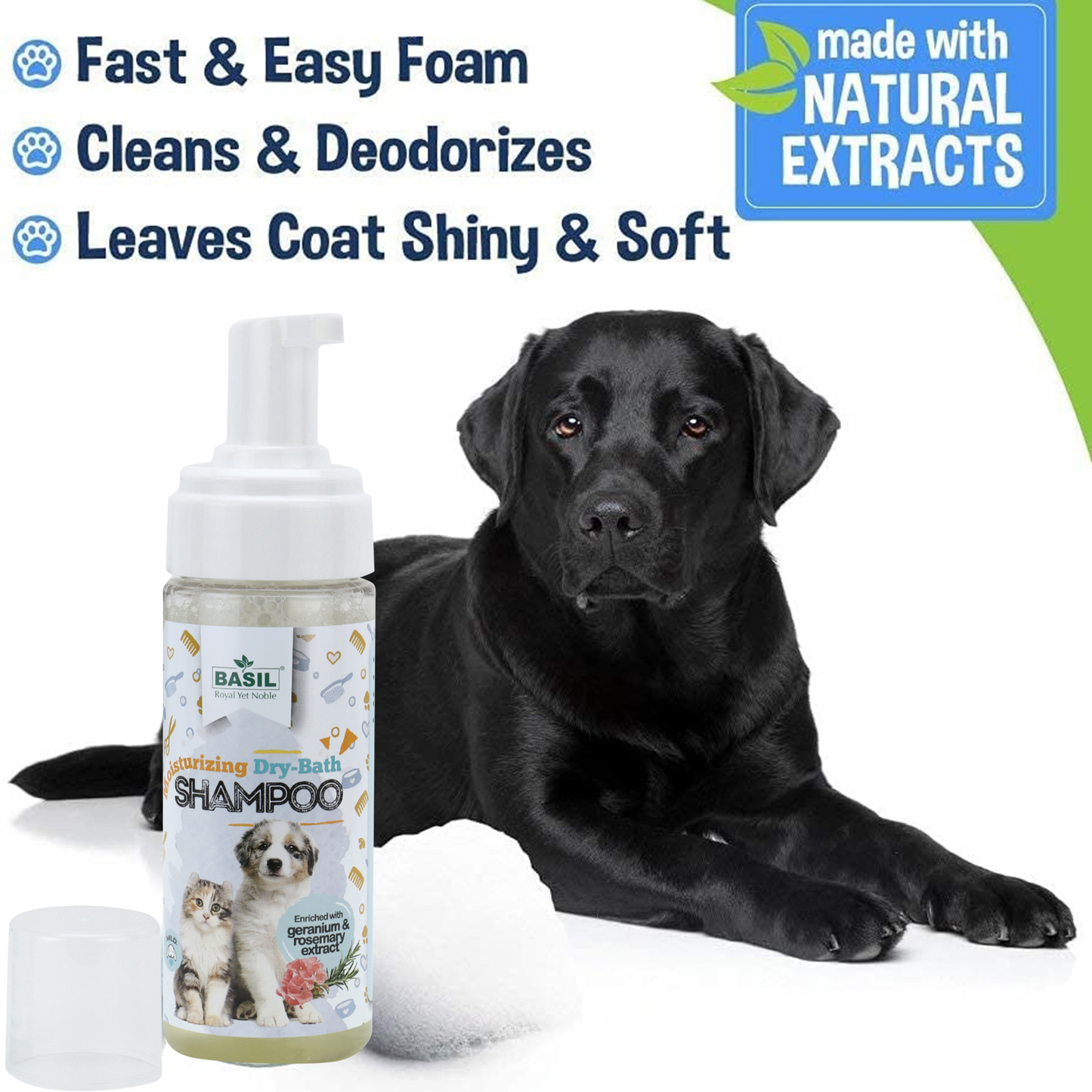 BASIL Moisturising Foam Dry Bath Shampoo for Puppies and Kittens