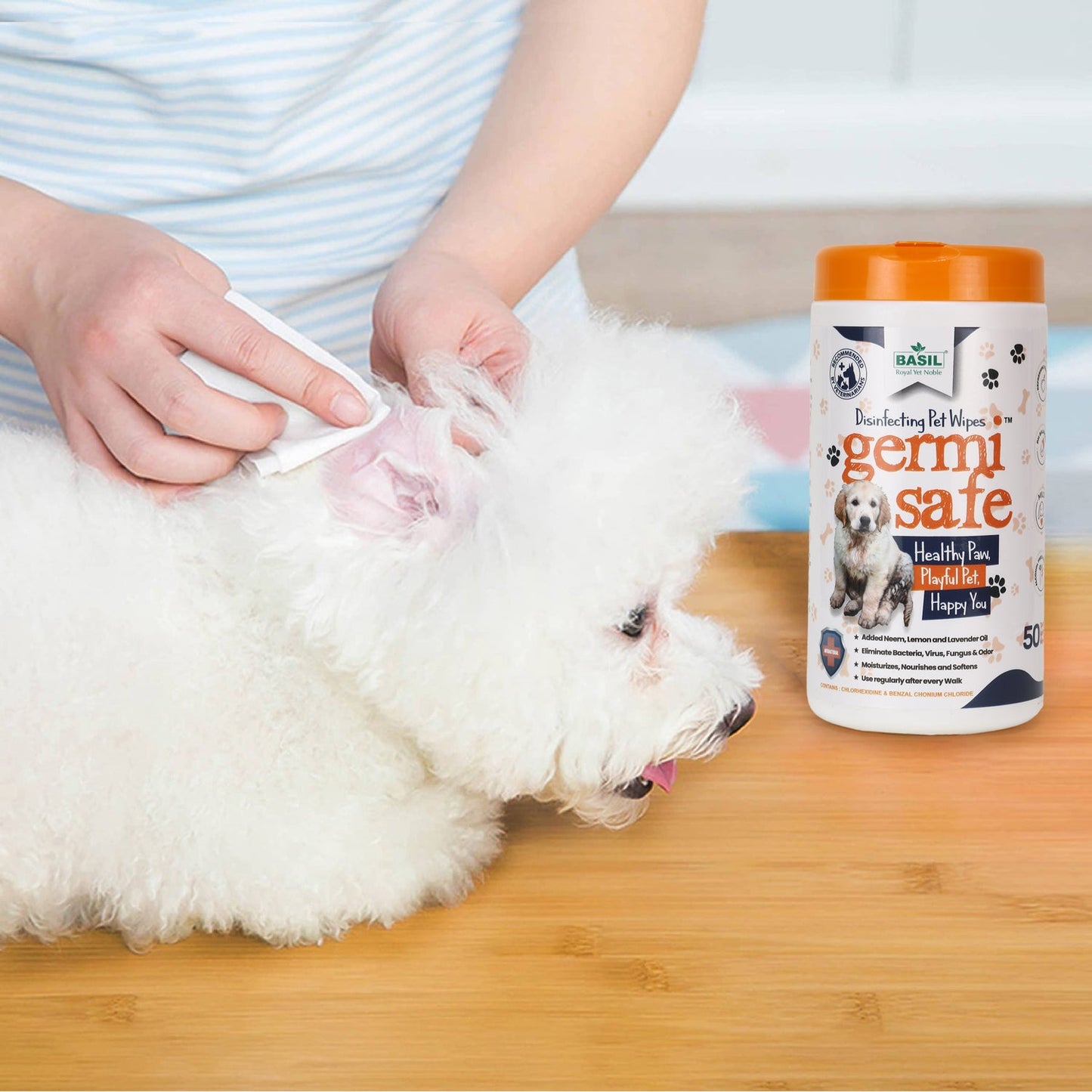 BASIL Germisafe Pet Wipes for Dogs & Cats, 50 Wipes with Added Neem, Lemon and Lavender Oil