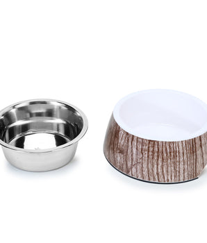 BASIL Wooden Print Pet Feeding Bowl, Stainless Steel & Melamine