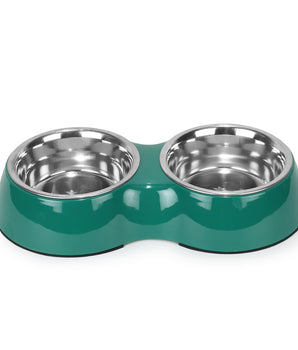 BASIL Melamine Double Dinner Set Pet Feeding Bowls for food and water (Green)