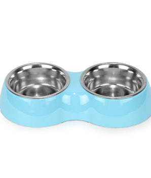 BASIL Melamine Double Dinner Set Pet Feeding Bowls for food and water (Blue)
