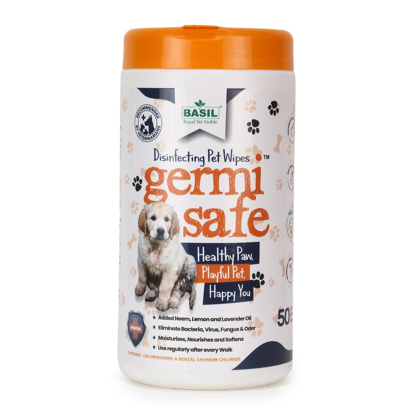 BASIL Germisafe Pet Wipes for Dogs & Cats, 50 Wipes with Added Neem, Lemon and Lavender Oil