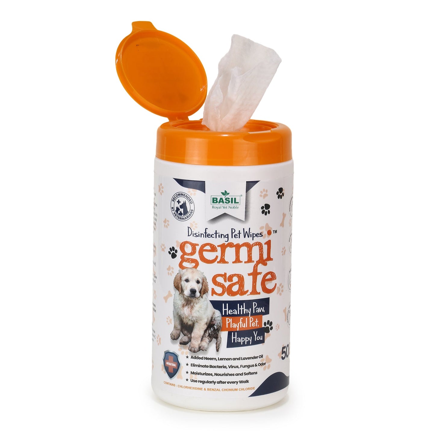 BASIL Germisafe Pet Wipes for Dogs & Cats, 50 Wipes with Added Neem, Lemon and Lavender Oil