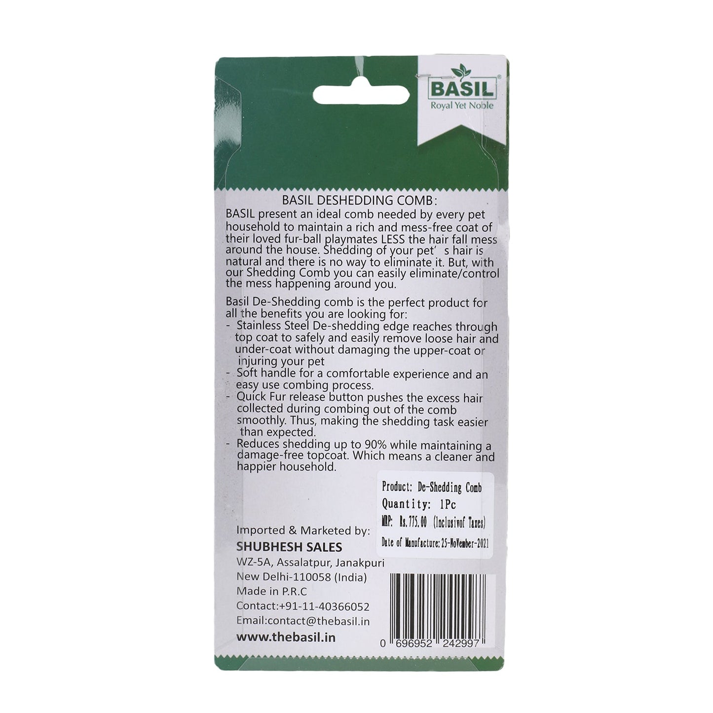 BASIL Pet De-Shedding Comb for Dogs & Cats