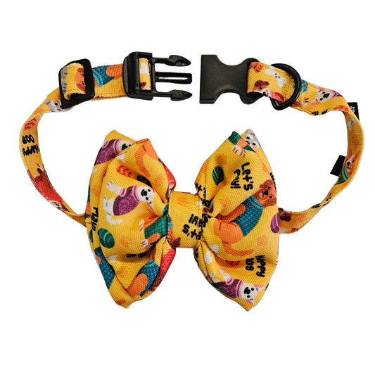Yellow Dogs Print Bow Tie | Snap-Buckle Closure | D-Ring Attachment