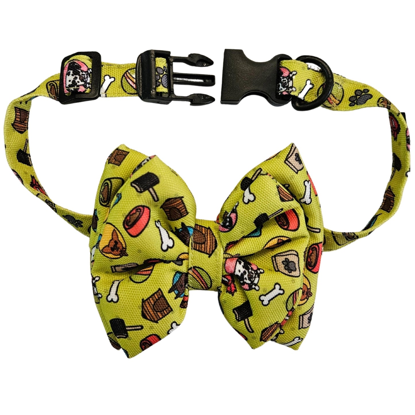 Neon Bone Dog Print Bow Tie | Snap-Buckle Closure | D-Ring Attachment