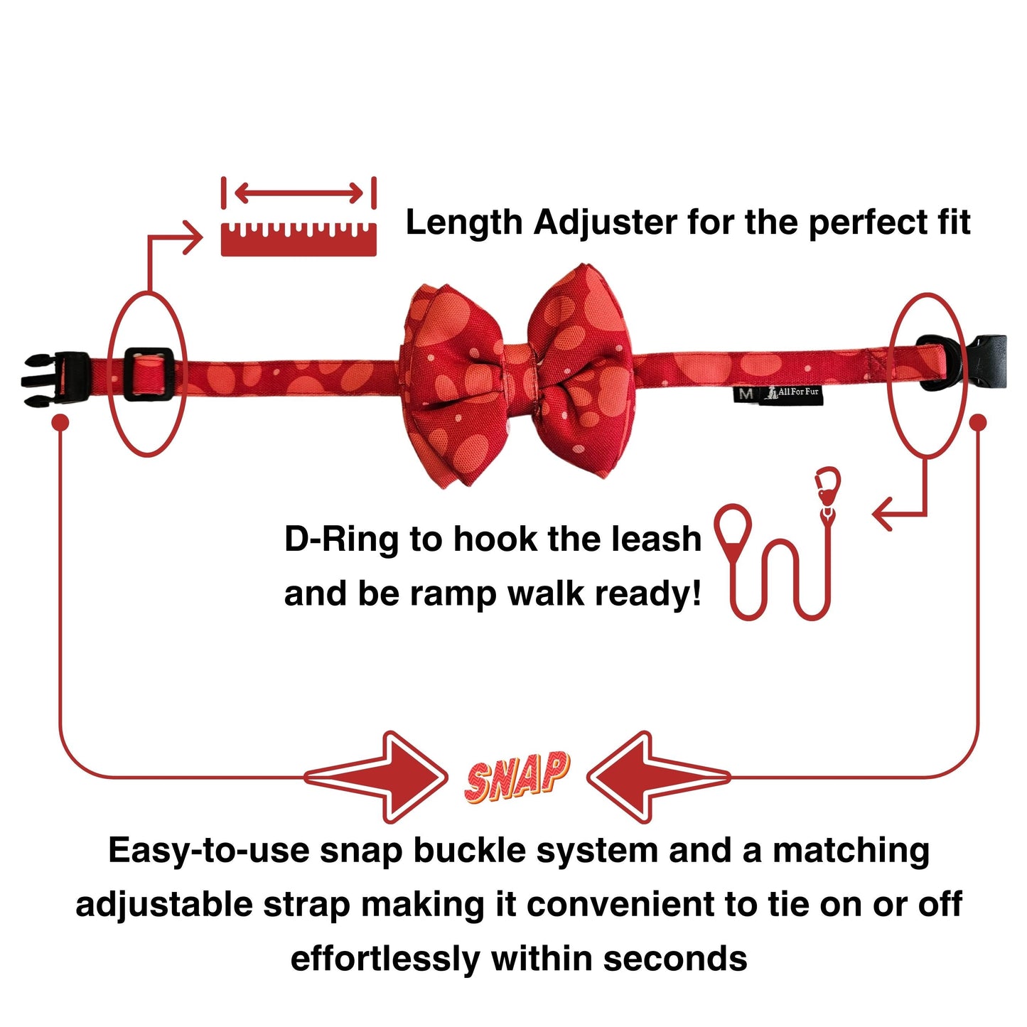 Red Paws Print Bow Tie | Snap-Buckle Closure | D-Ring Attachment