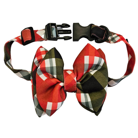 Red Christmas Checks Bow Tie | Snap-Buckle Closure | D-Ring Attachment