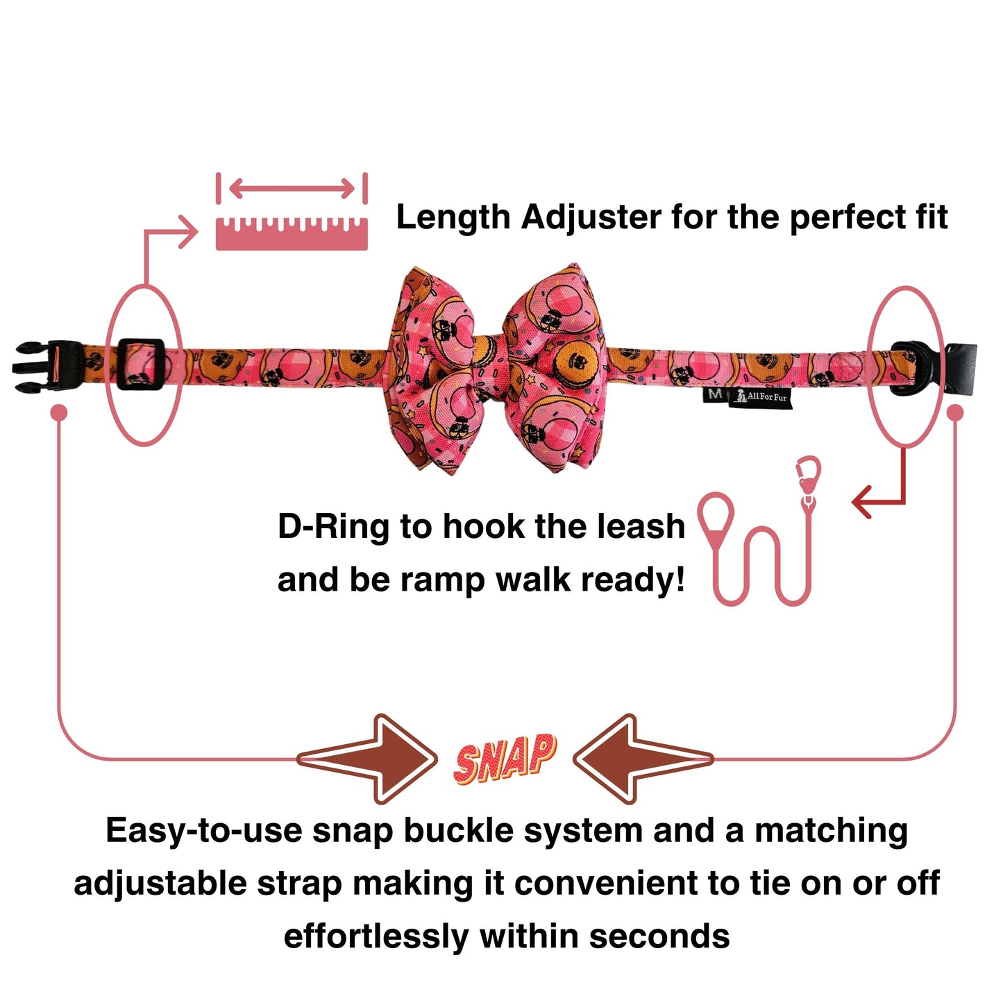 Pink Doughnuts Bow Tie | Snap-Buckle Closure | D-Ring Attachment