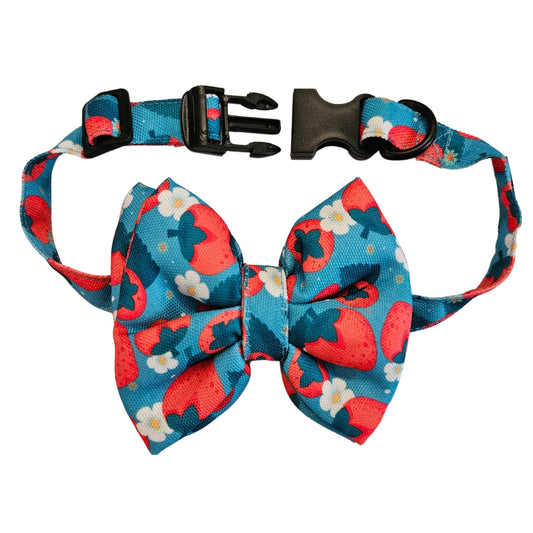 Blue & Red Strawberries Bow Tie | Snap-Buckle Closure | D-Ring Attachment