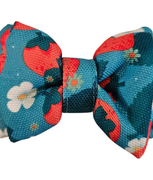 Blue & Red Strawberries Cat & Puppy Bow Tie | Snap-Buckle Closure | D-Ring Attachment