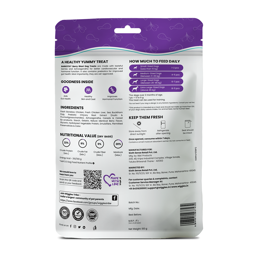 Barkstix Dog Treats for Training Adult & Puppies, 100g (Berry Blast)