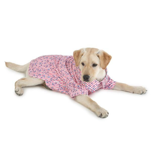 dog wearing red printed shirt from Barks & Wags