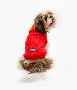 High Neck Cable Knit Sweater: Red
