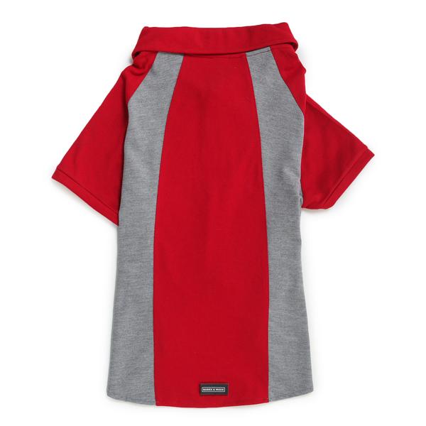 backside of red & grey polo t-shirts for dogs