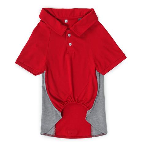 front side of red & grey polo t-shirts for dogs