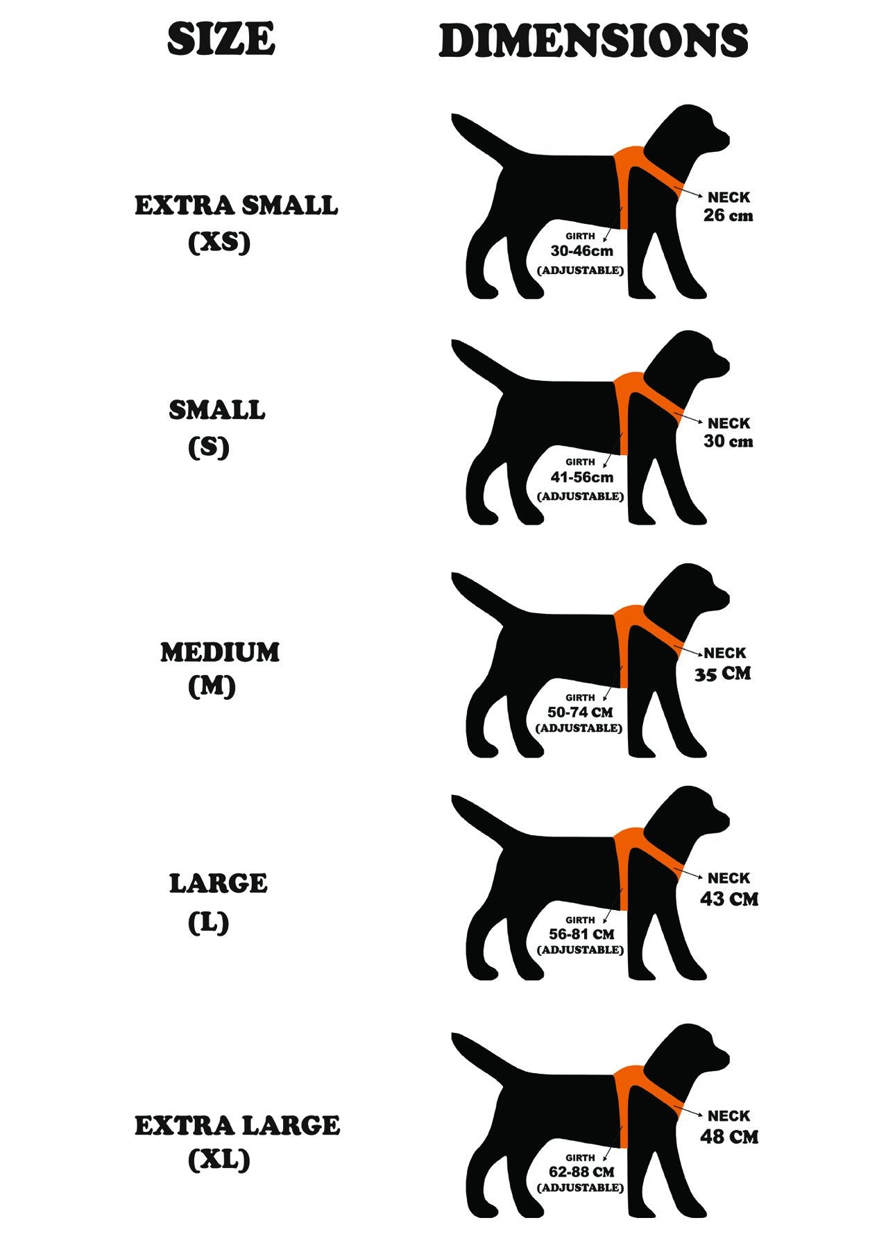 size chart of harness and leash for dogs