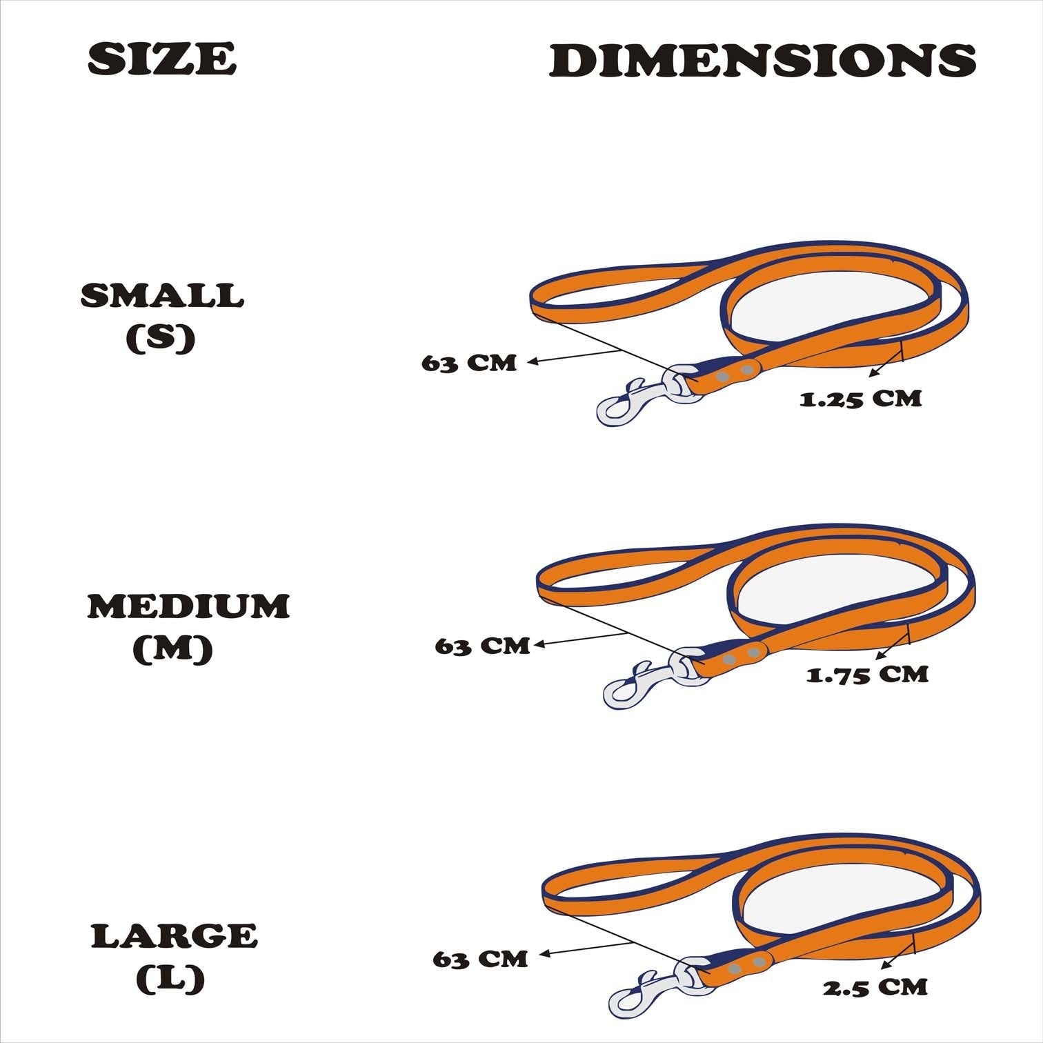 size chart of macramé square leash for dogs