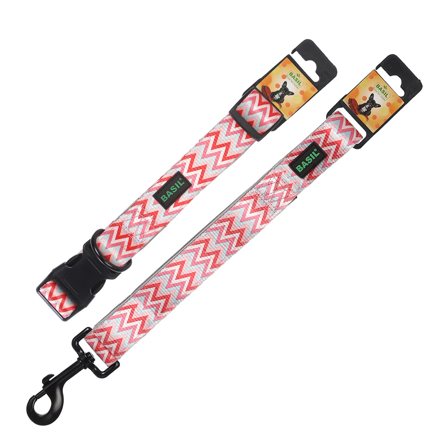 BASIL Zig Zag Adjustable Collar & Leash, 4 Feet (Red)