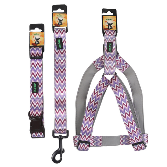 BASIL Padded Adjustable Pet Collar, 4 Ft Leash & Harness (Zig Zag, Purple)